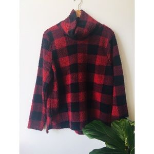 Red and black faux fur pullover sweater